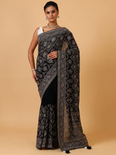 Black Georgette Saree with Lucknowi & Sequin Work – Unstitched